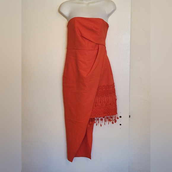 River Island Burnt Orange Strapless Asymmetrical Dress Tassel Detail Sz6 - Picture 5 of 12